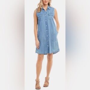 Karen Kane Medium Sleeveless Collared Button-Front Chambray Dress Tencel Pockets